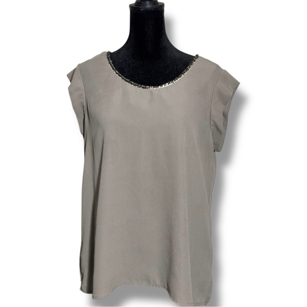 PLEIONE Women's Small Beaded Neckline Flowy Elegant Gray/Green Short Sleeve Top - Picture 1 of 16
